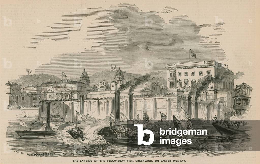 The landing at the steam boat pier, Greenwich, on Easter Monday (engraving)