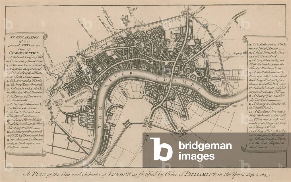 A plan of the city and suburbs of London as fortified by order of Parliament in the years 1642 and 1643 (engraving)