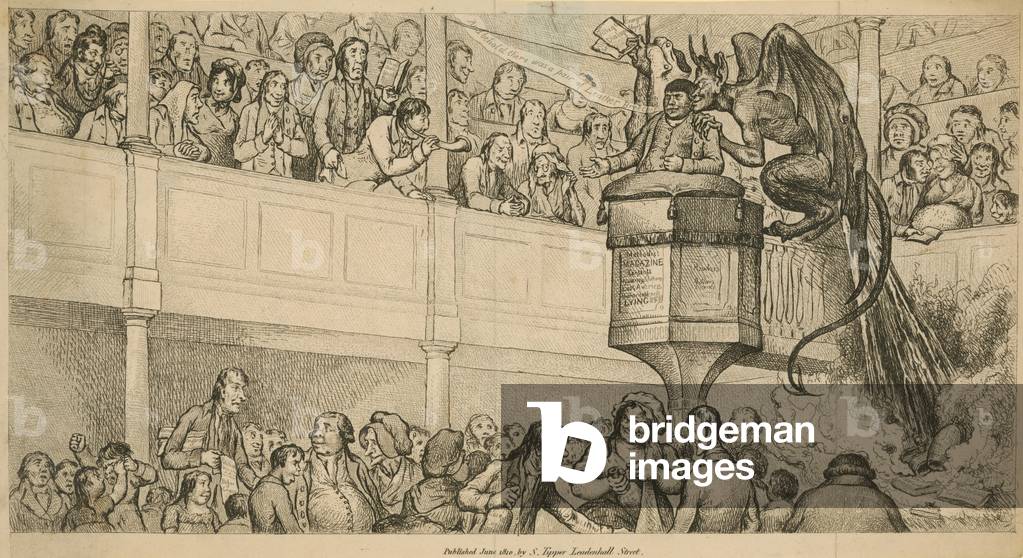 Methodist preature at lecture with demon at shoulder (engraving)