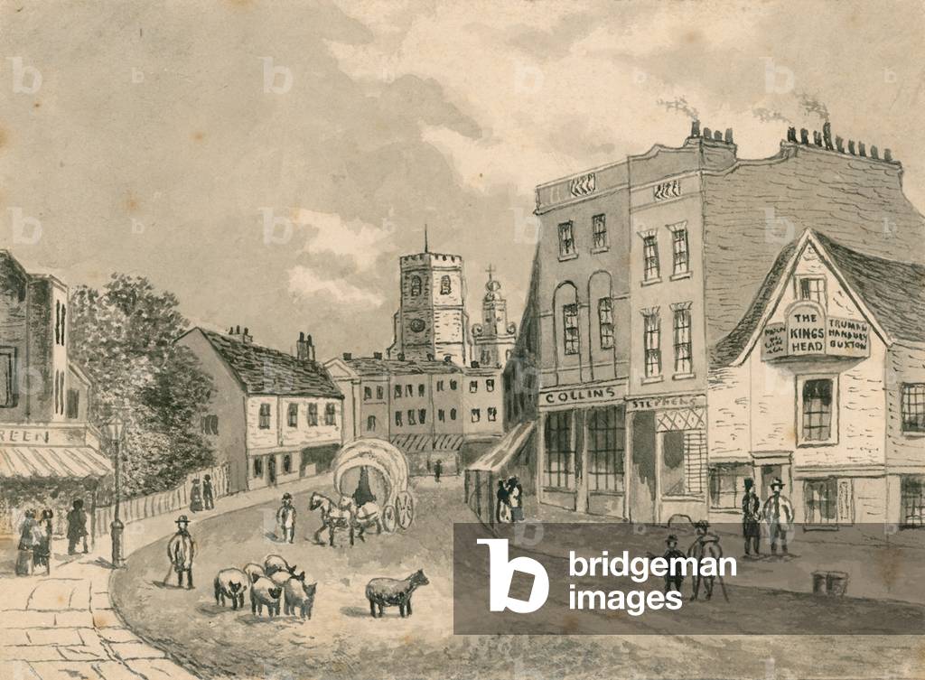 Hackney, looking towards the church, in 1840 (w/c on paper)