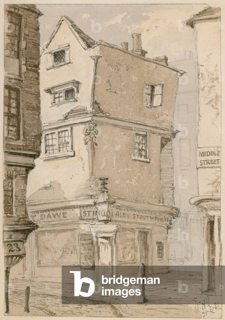 A street corner in Cloth Fair, Smithfield, London, watercolour sketch, 1881 (w/c on paper)