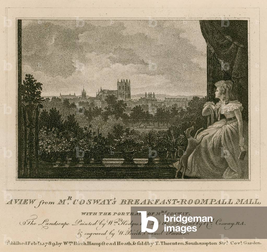 A view from Mr Cosway's breakfast room, Pall Mall, with the portrait of Mrs Cosway (engraving)