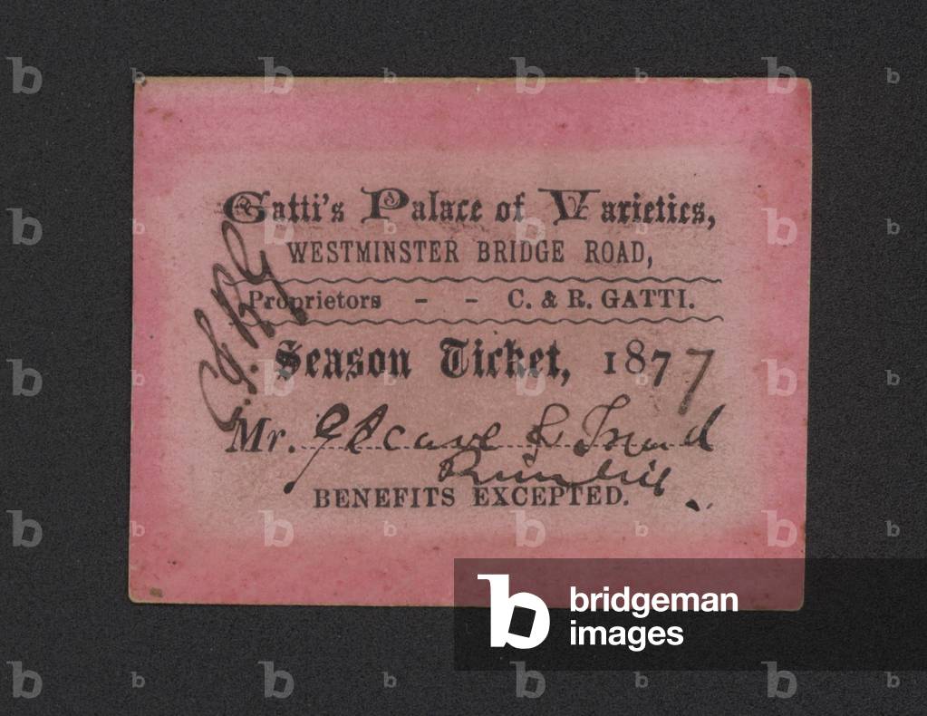 Season ticket for Gatti's Palace of Varieties, Westminster Bridge, London, 1877 (litho)
