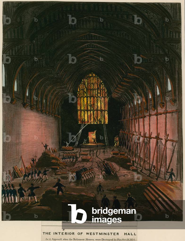 The interior of Westminster Hall as it appeared when the Parliament Houses were destroyed by fire (coloured engraving)