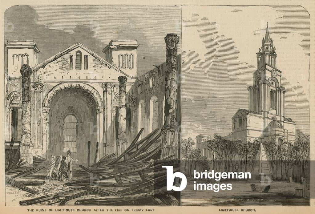 Limehouse Church before and after the fire (engraving)