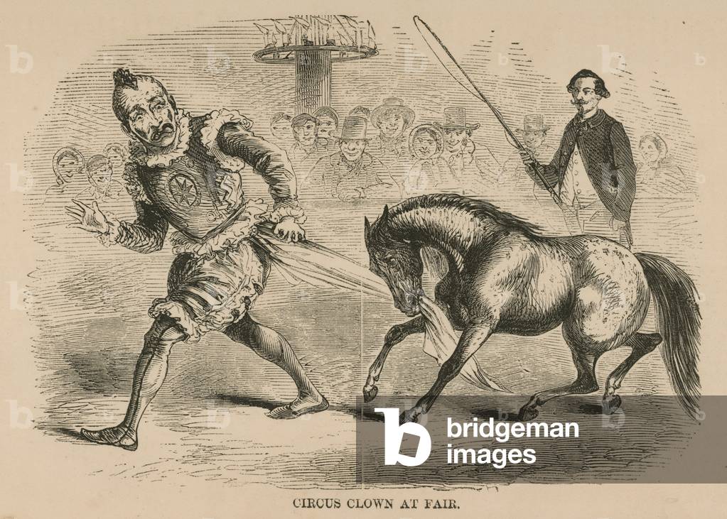 Circus clown at fair (engraving)