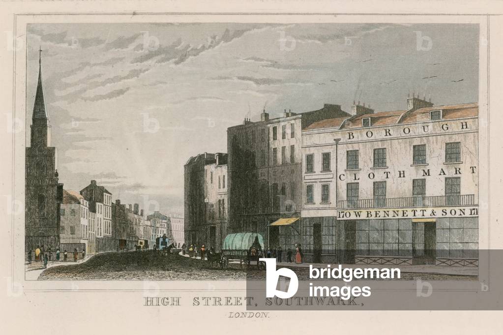 High Street, Southwark, London (coloured engraving)