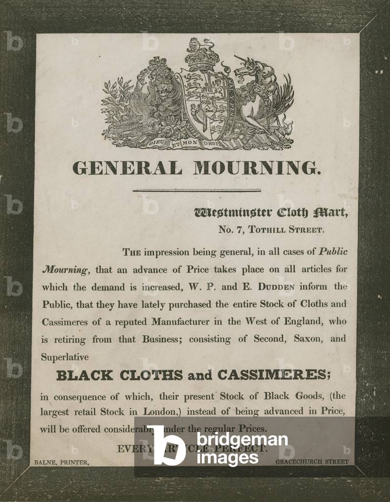 Advert for W P and E Dudden, Westminster Cloth Mart, 7 Tothill Street (engraving)