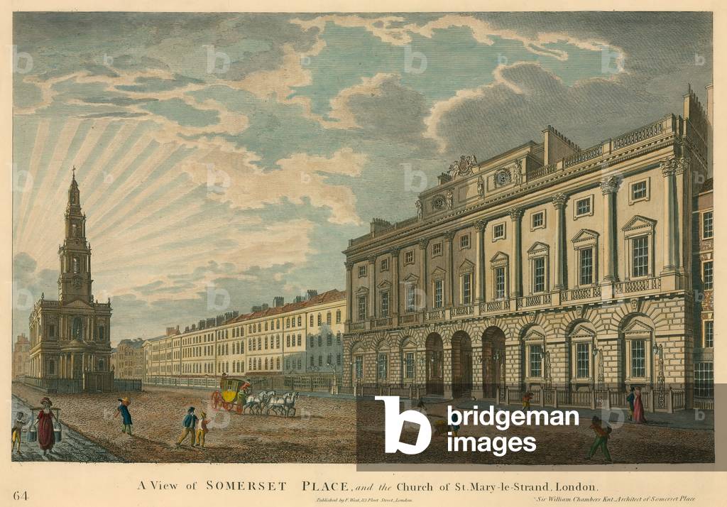 A view of Somerset House and St Mary-le-Strand, The Strand, London (coloured engraving)