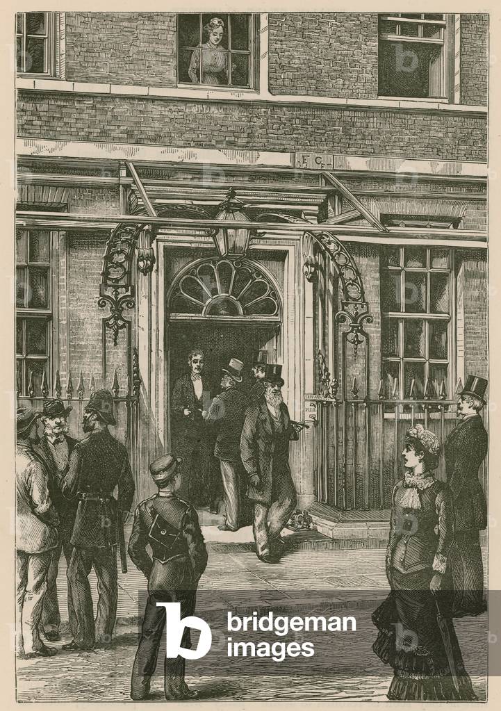 Mr Gladstone's illness: anxious inquirers in Downing Street (engraving)