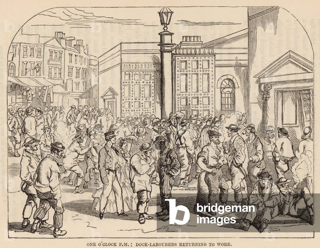 Dock labourers returning to work (engraving)