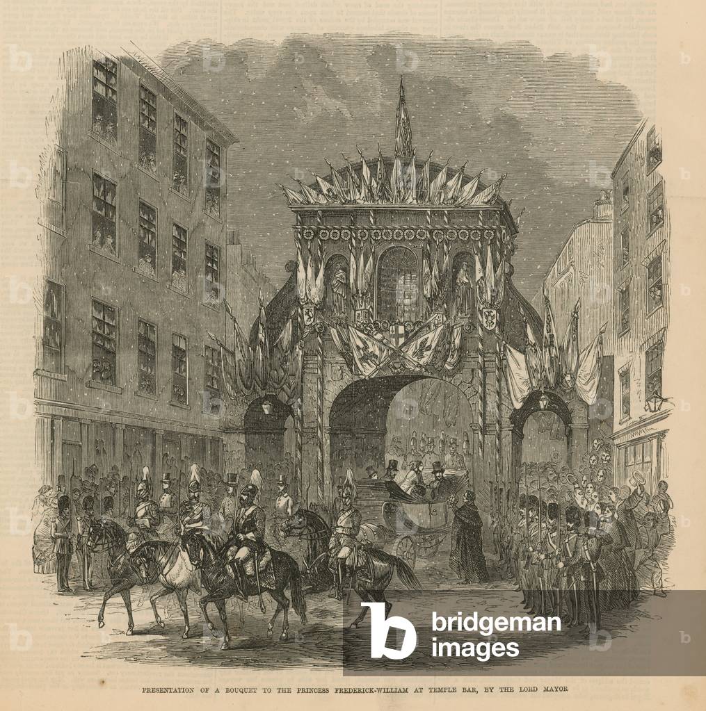 Presentation of a bouquet to the Princess Fredrick William at Temple Bar (engraving)