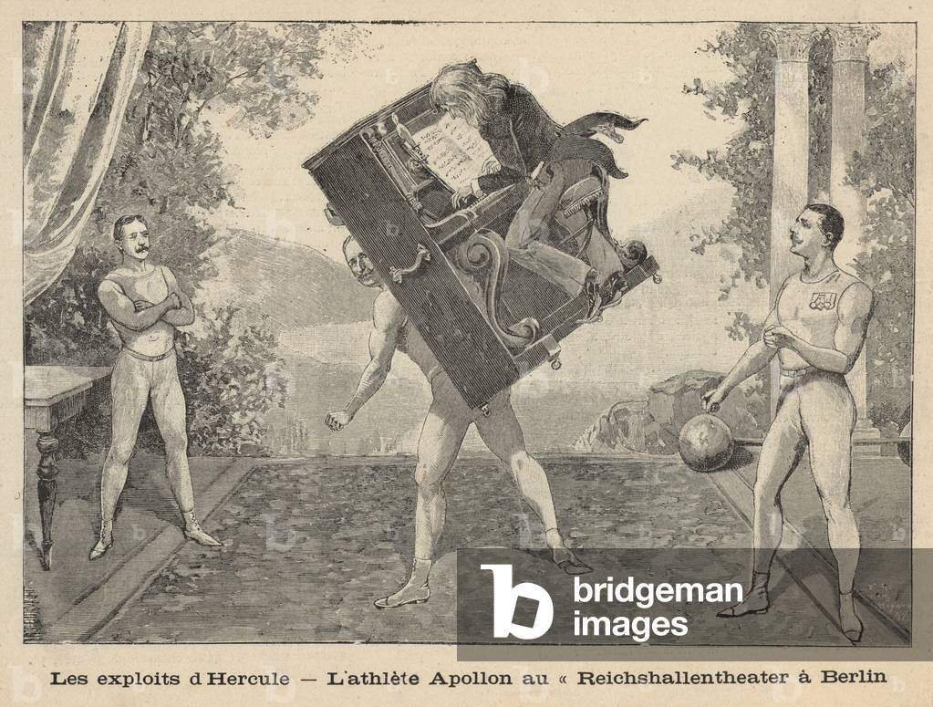 The exploits of Hercules - the athletic Apollon at Reichshallen Theatre, Berlin (engraving)