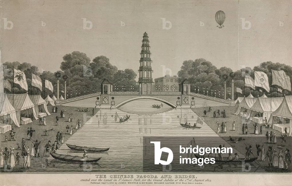 The Chinese pagoda and bridge erected over the canal in St James's Park for the Grand Jubilee, 1814 (engraving)