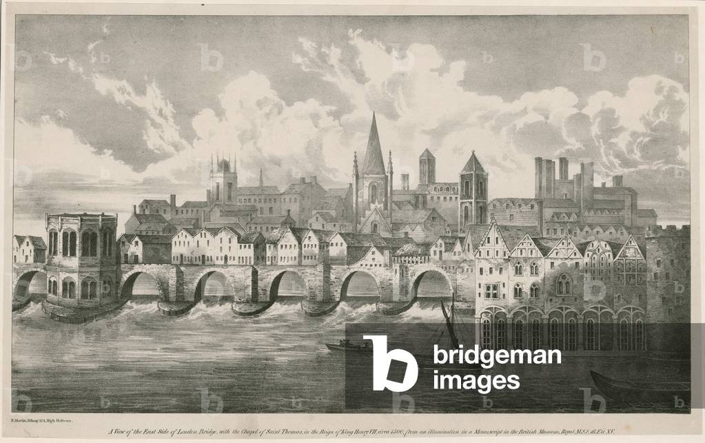 View of Old London Bridge as in the reign of king Henry VII, circa 1500 (engraving)