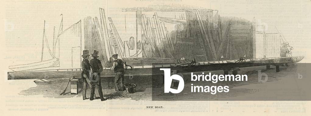 Two men stand inspecting a new boat under contruction (engraving)