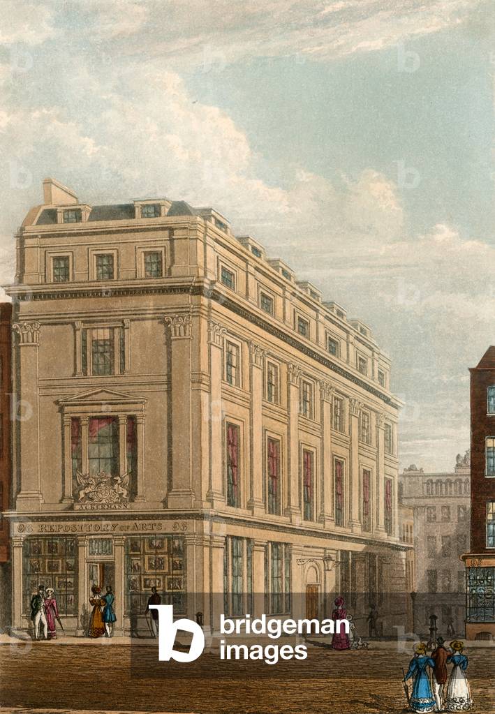 96 Strand, London; Ackermann Library, Repository of Arts (coloured engraving)