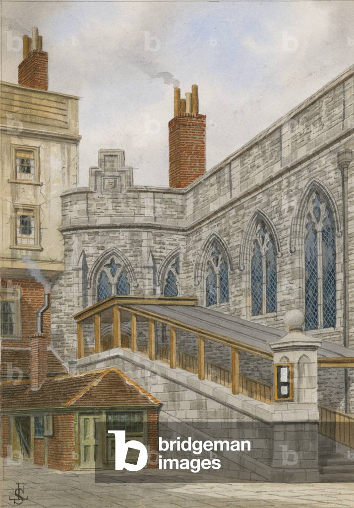 Side view of Crosby Hall, showing the outside staircase (w/c on paper)