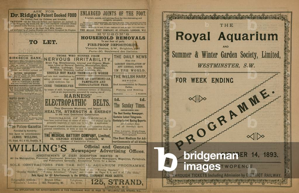 Programme of events at the Royal Aquarium (engraving)
