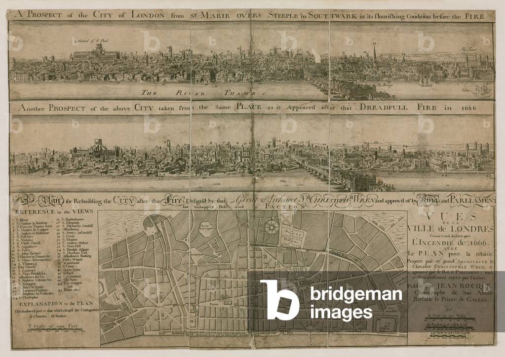 London, before and after the Great Fire (engraving)