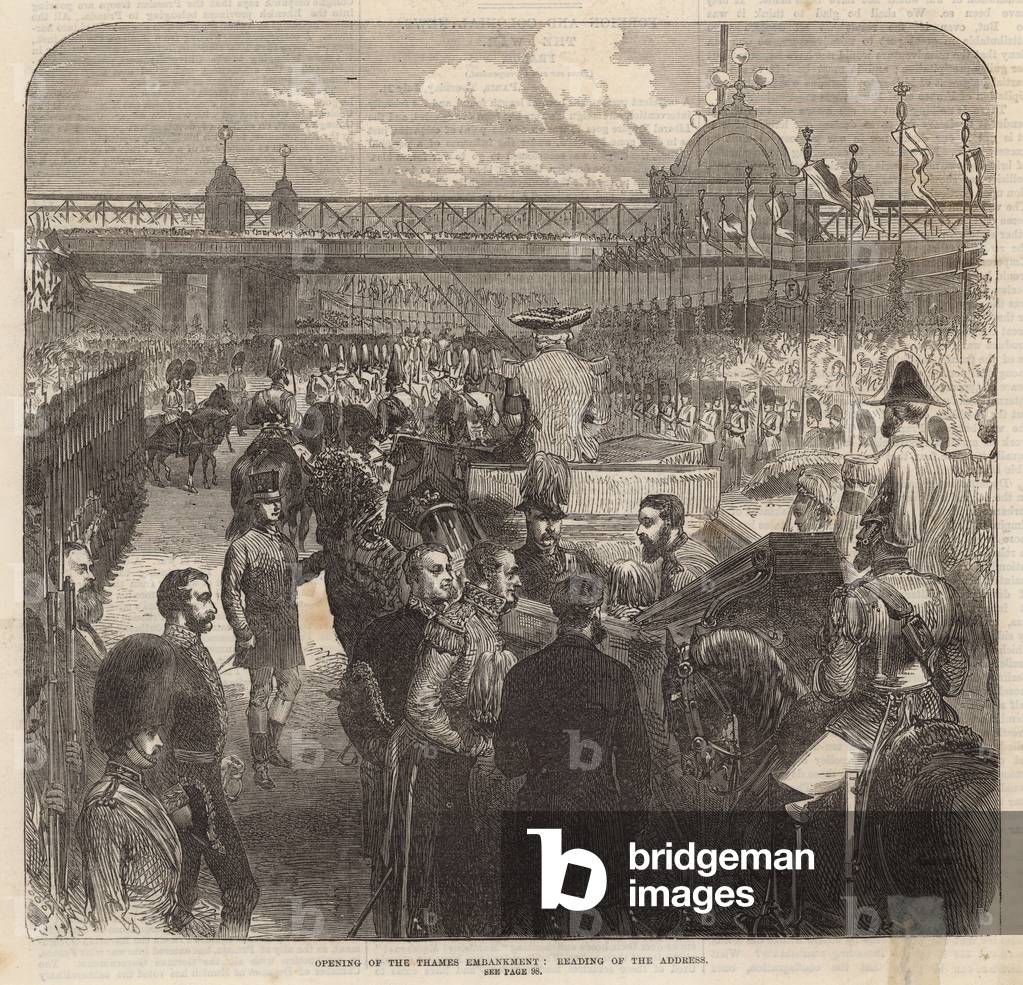 Opening of the Thames Embankment; Reading of the address (engraving)