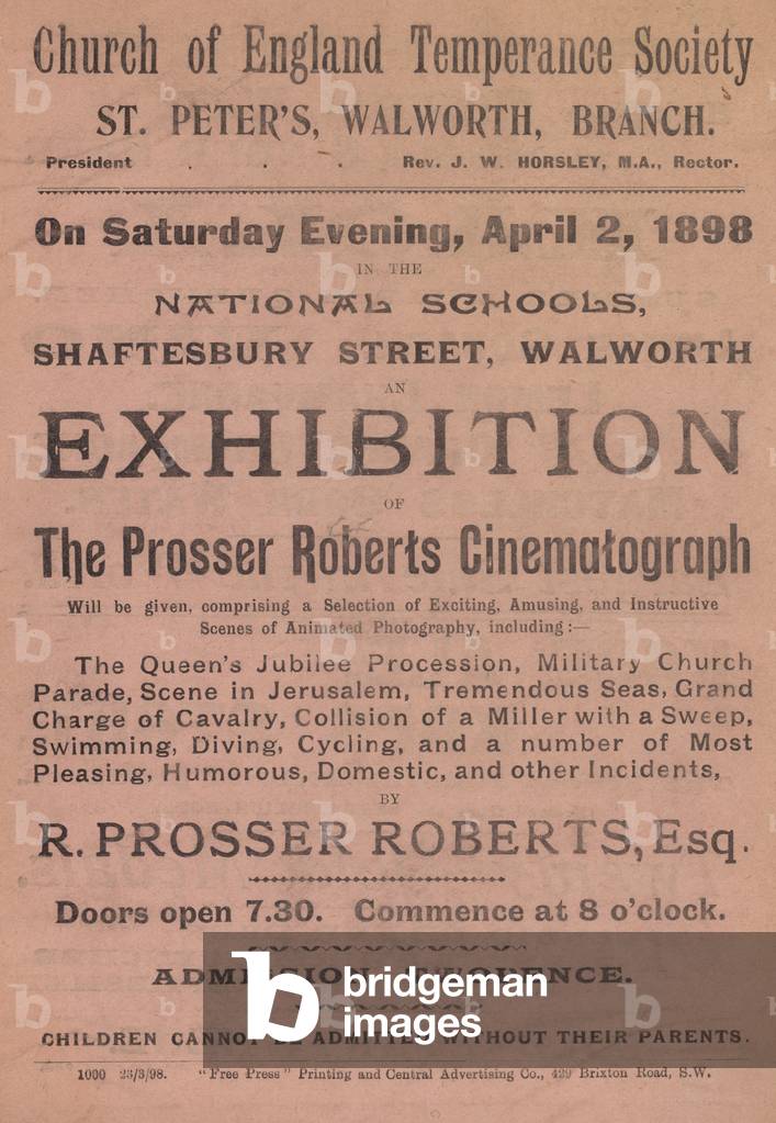 Leaflet advertising an exhibition of the Prosser Roberts Cinematograph (engraving)