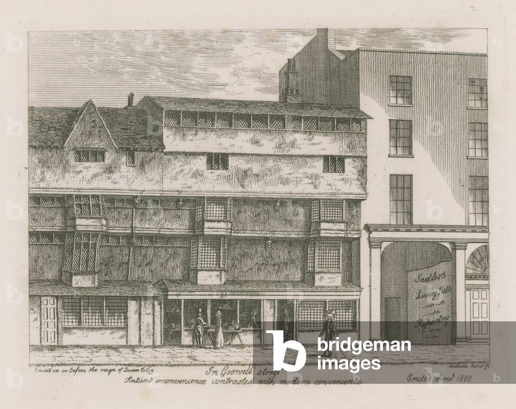Ancient convenience contrasted with modern convenience in Gosnell Street, Finsbury (engraving)