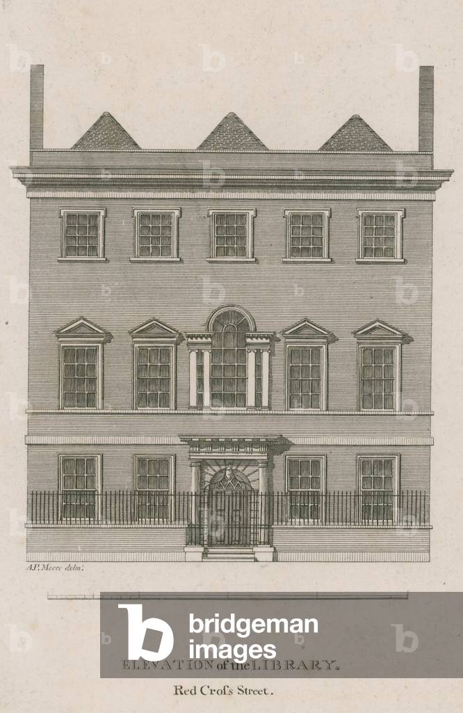 Elevation of the Library, Red Cross Street, London (engraving)