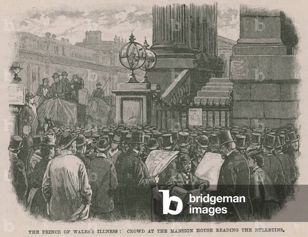 The Prince of Wales's illness: Crowd at the Mansion House reading the bulletins (engraving)