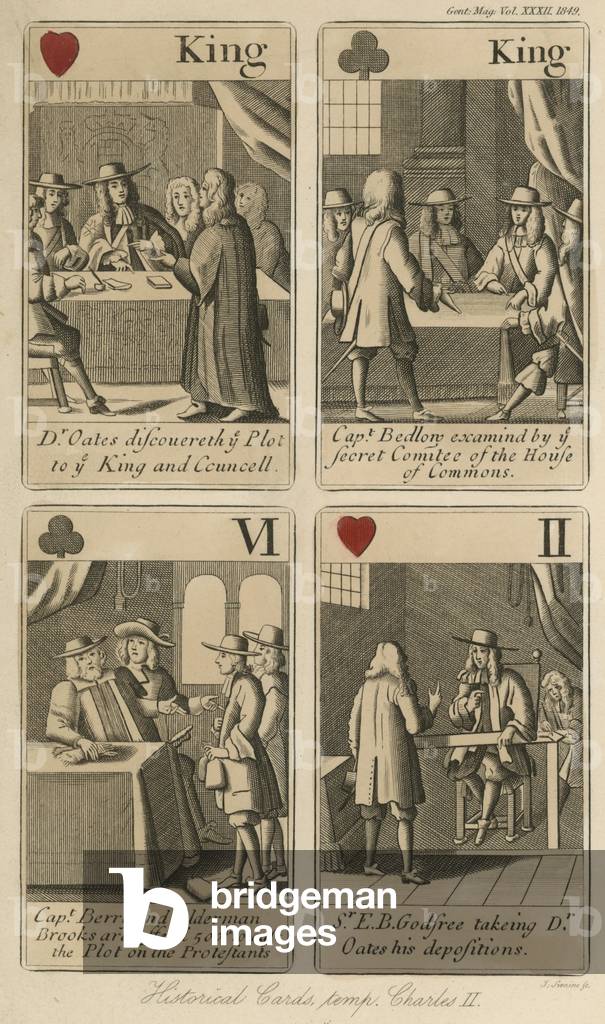 Historical playing cards relating the story of King Charles II (engraving)