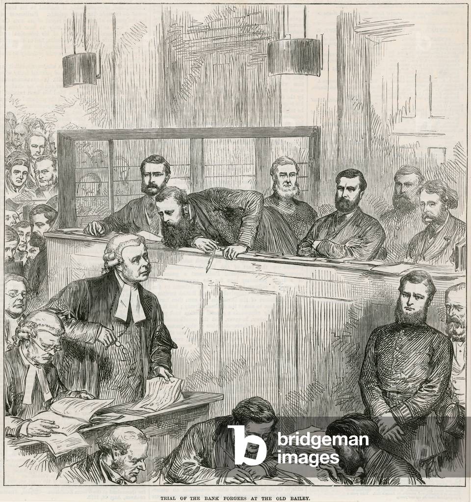 Trial of the Bank Forgers at the Old Bailey (engraving)