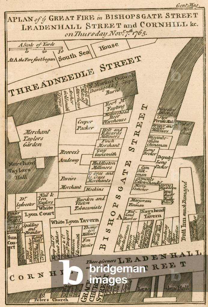 Plan of the fire in Bishopsgate Street, Cornhill and Leadenhall Street, London, which began on 7 November 1765 (engraving)