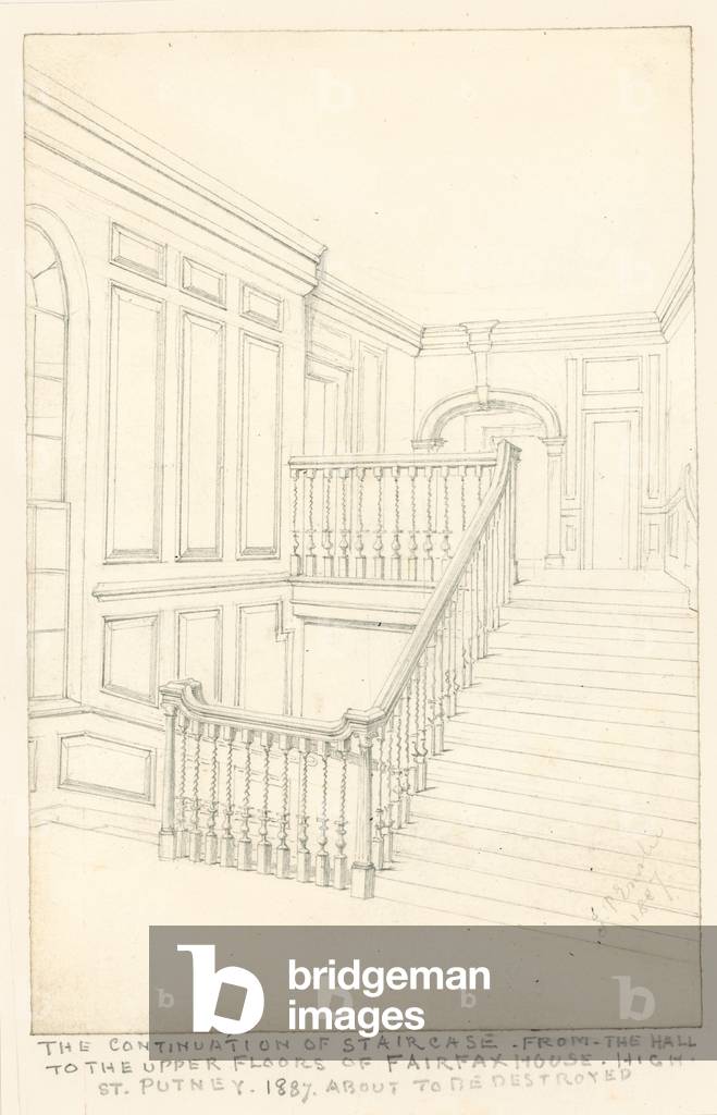 The continuation of staircase, from the hall to the upper floors, of Fairfax House, High Street, Putney, 1887 (pencil on paper)