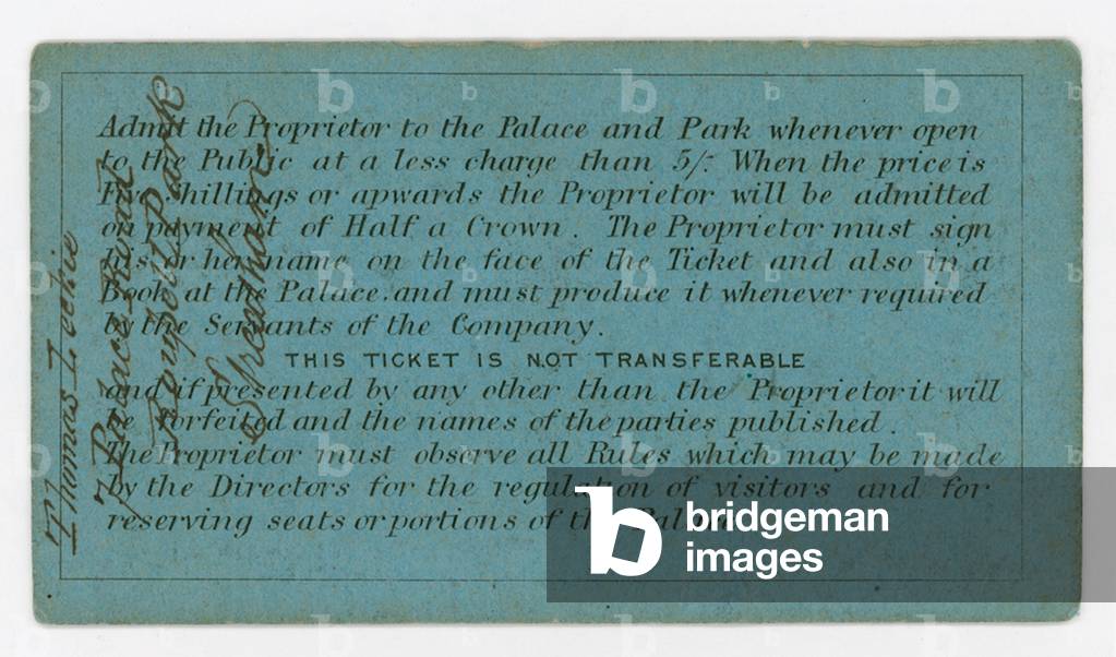 Season ticket for admission to the Crystal Palace, 1861/62, reverse, showing rules (engraving)