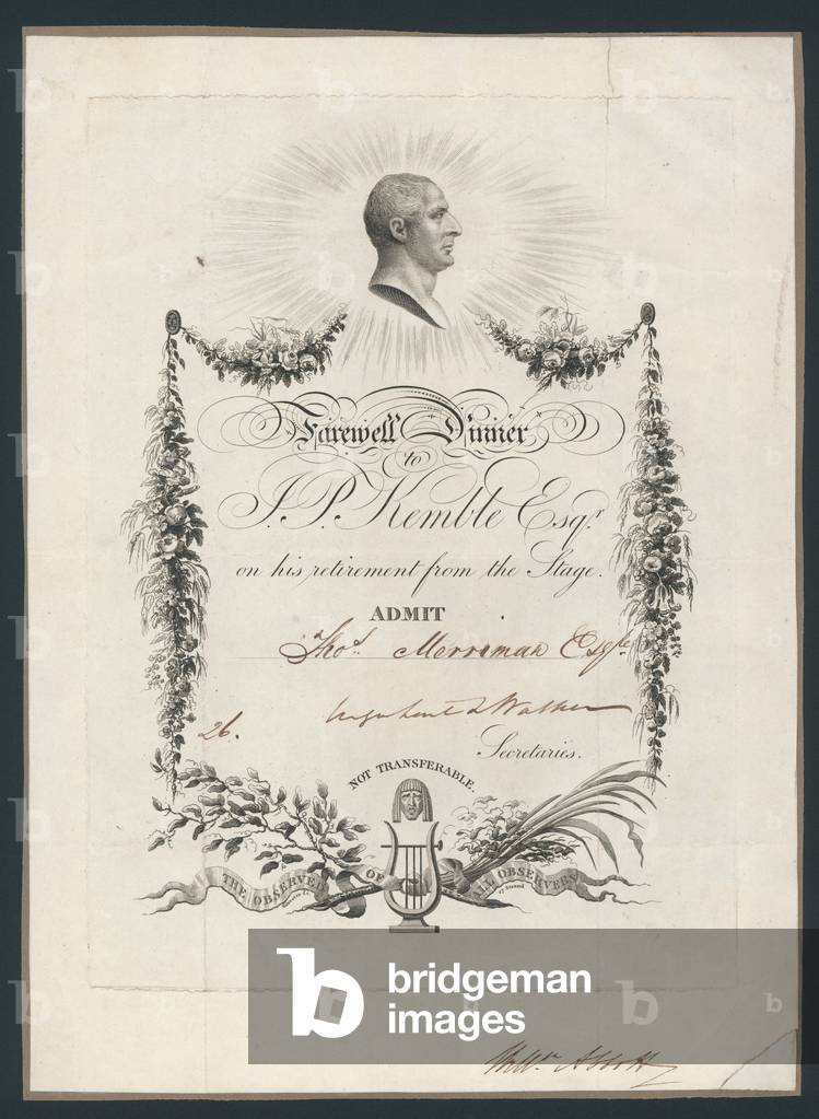 Admission ticket for dinner to celebrate John Kemble's farewell to the stage, 1819 (engraving)