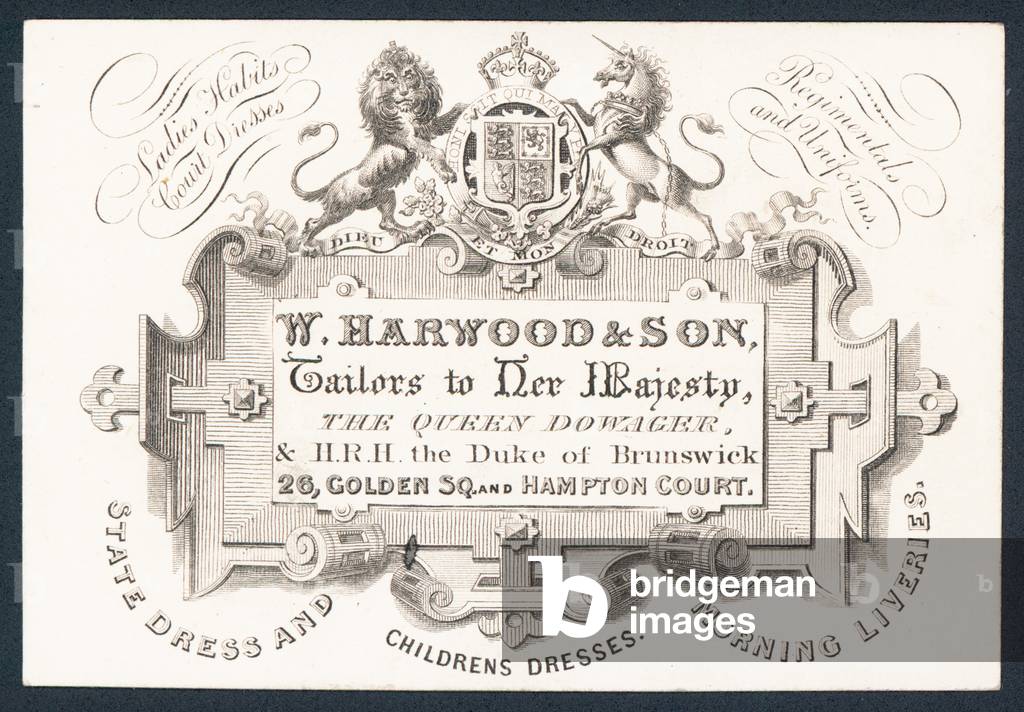 W Harwood & Son, tailors, trade card (engraving)