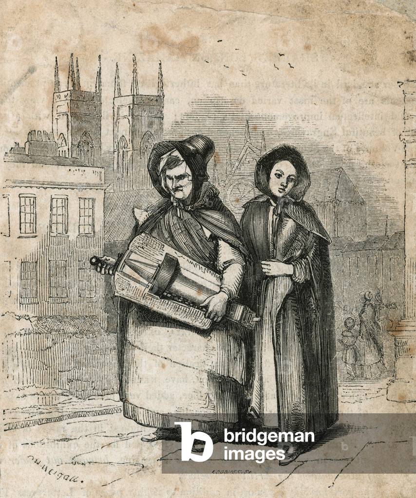Hurdy gurdy being carried by mother and daughter (engraving)