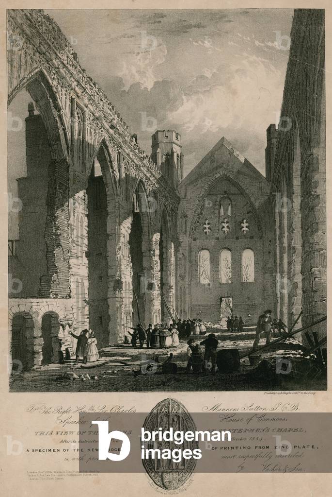 View of the ruins of St Stephen's Chapel after its destruction by fire (engraving)