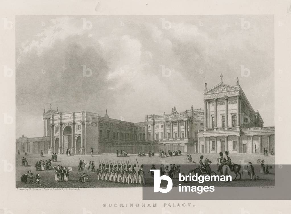 Buckingham Palace, drawing by Hablot Browne, engraved by J. Woods, 1837 (engraving)