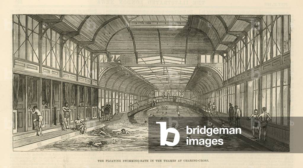 The floating swimming bath in the Thames at Charing Cross (engraving)