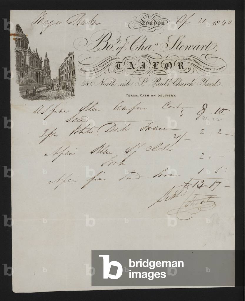 Invoice from Charles Stewart, tailor, St Paul's Church Yard, London, 1840 (engraving)