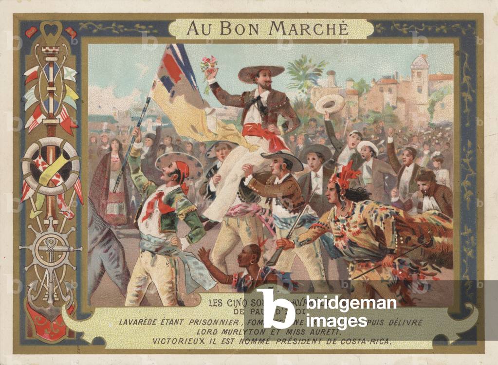 Scene from the novel Les Cinq Sous de Lavarede, by Paul Ivoi (chromolitho)