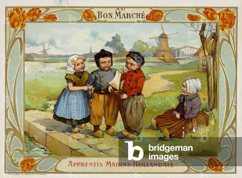 Dutch Children looking at sailing boat (chromolitho)