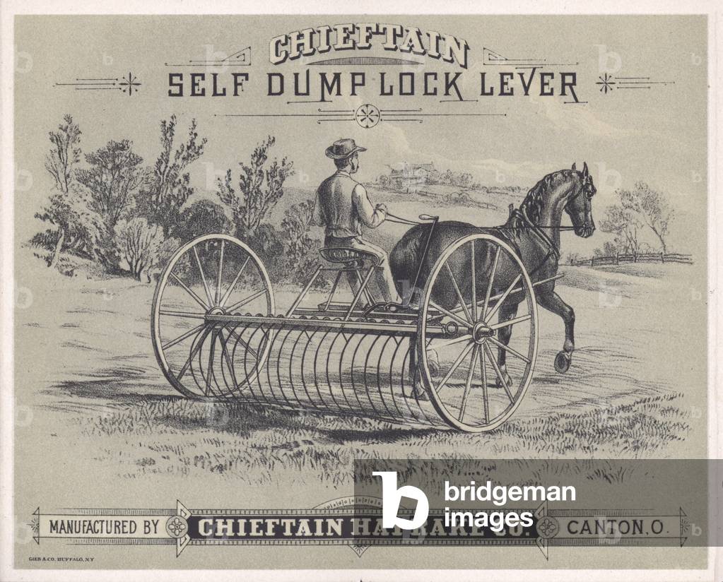 Advertisement for the Chieftain self dump lock lever, manufactured by the Chieftain Hay Rake Company, Canton, Ohio, USA (litho)