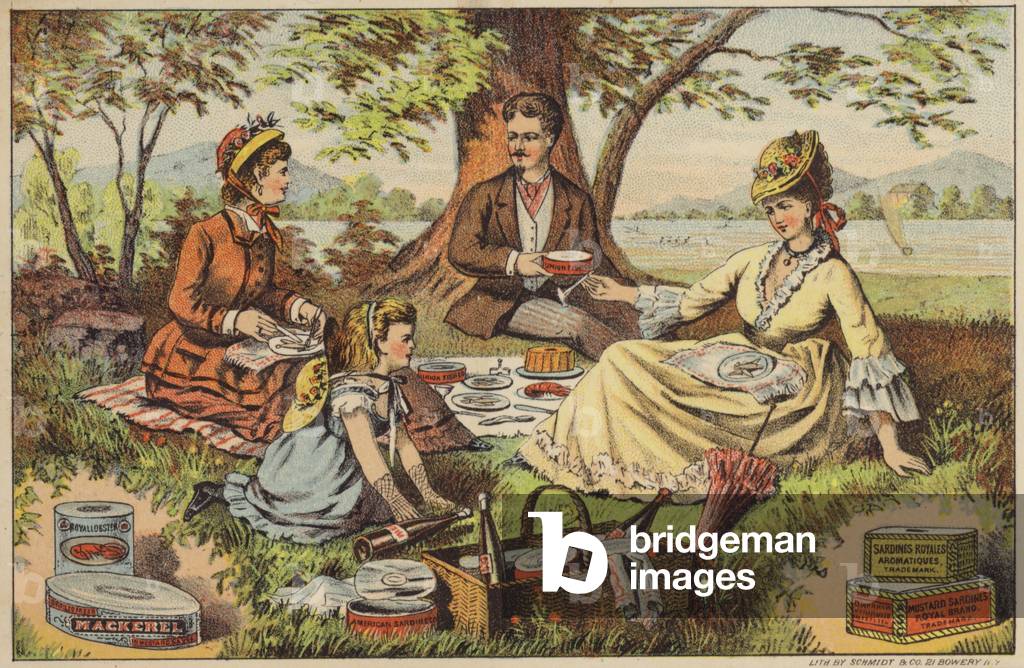 Picnic by the Water, enjoying Canned Fish (chromolitho)