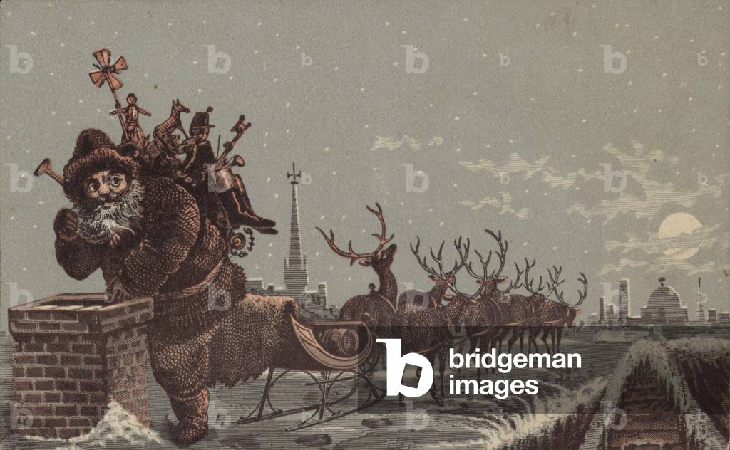 Santa And Reindeers Delivering Presents (chromolitho)