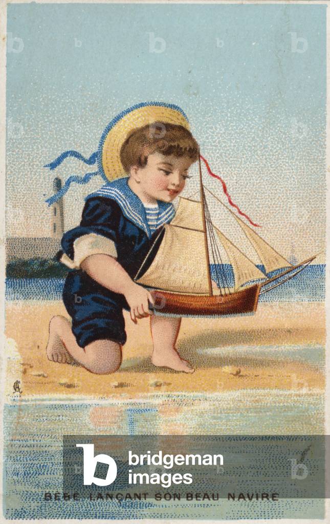 Boy playing with toy sailing boat (chromolitho)