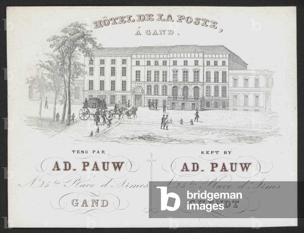 Hotel De La Poste, Gand, A D Pauw, Ghent (engraving)