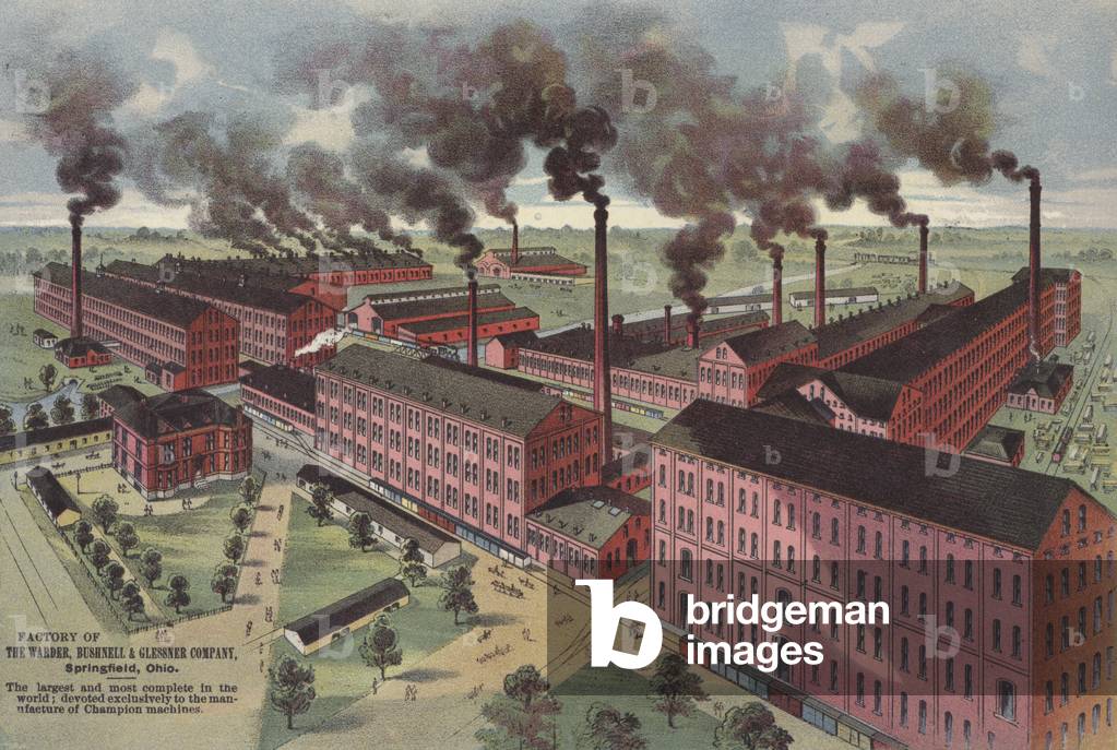 Factory of the Warder, Bushnell & Glessner Company, manufacturers of Champion farm machinery, Springfield, Ohio, USA (colour litho)