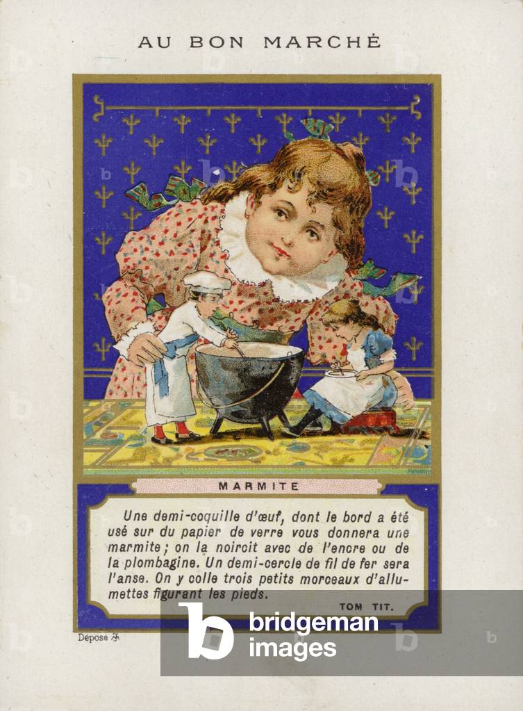 GIrl playing with dolls and mixing bowl, Marmite (chromolitho)
